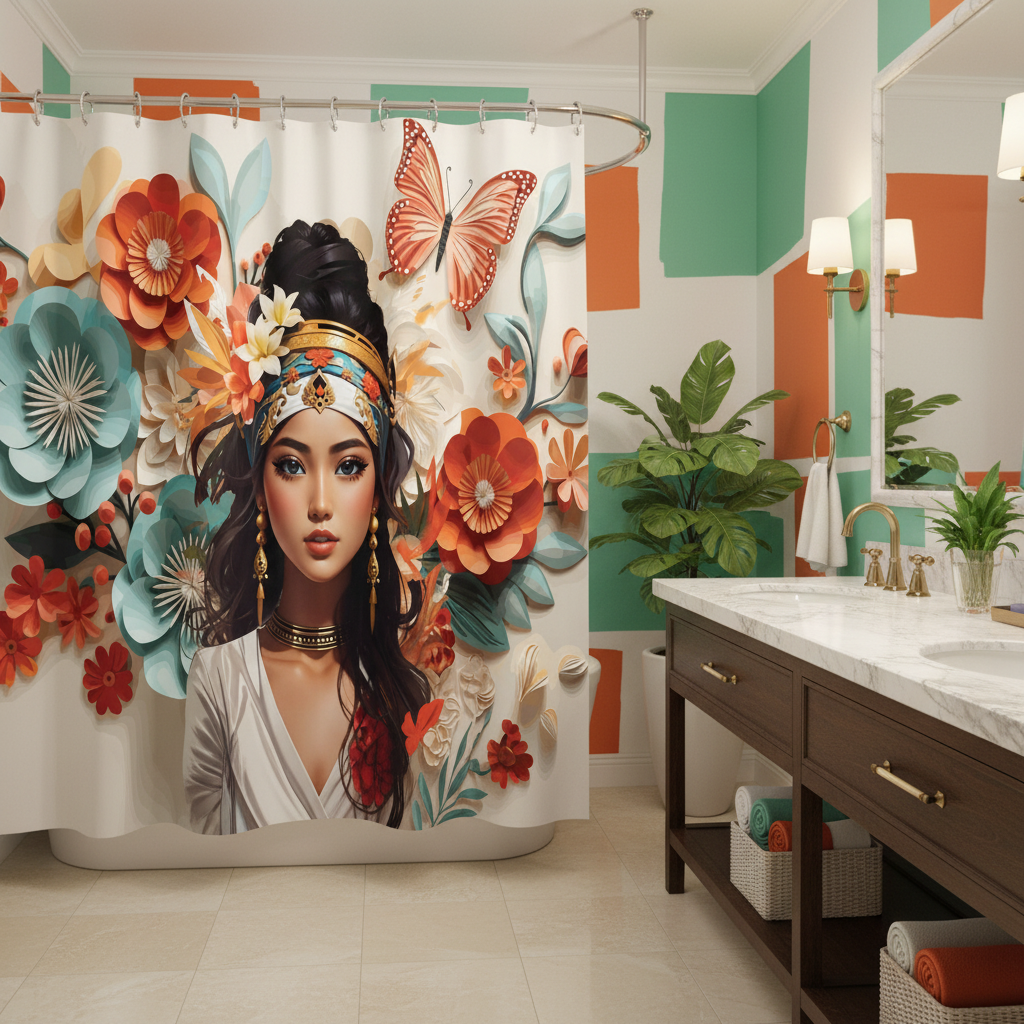 Copycat-Creations Floral Balinese Goddess 4pcs Shower Curtain Set