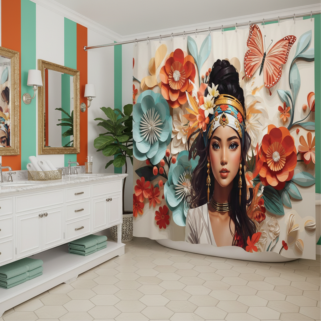 Copycat-Creations Floral Balinese Goddess 4pcs Shower Curtain Set