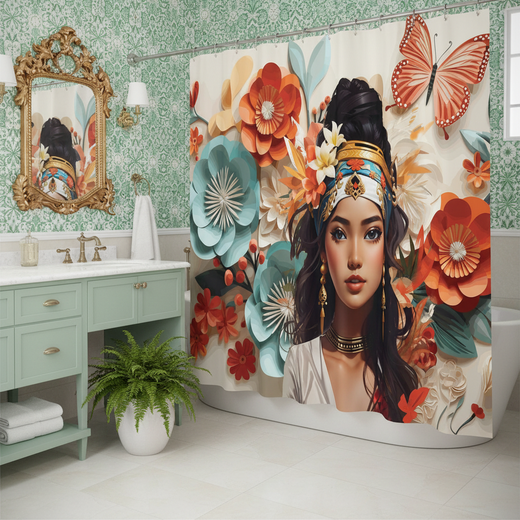 Copycat-Creations Floral Balinese Goddess 4pcs Shower Curtain Set