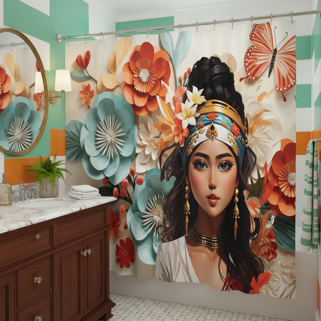 Copycat-Creations Floral Balinese Goddess 4pcs Shower Curtain Set