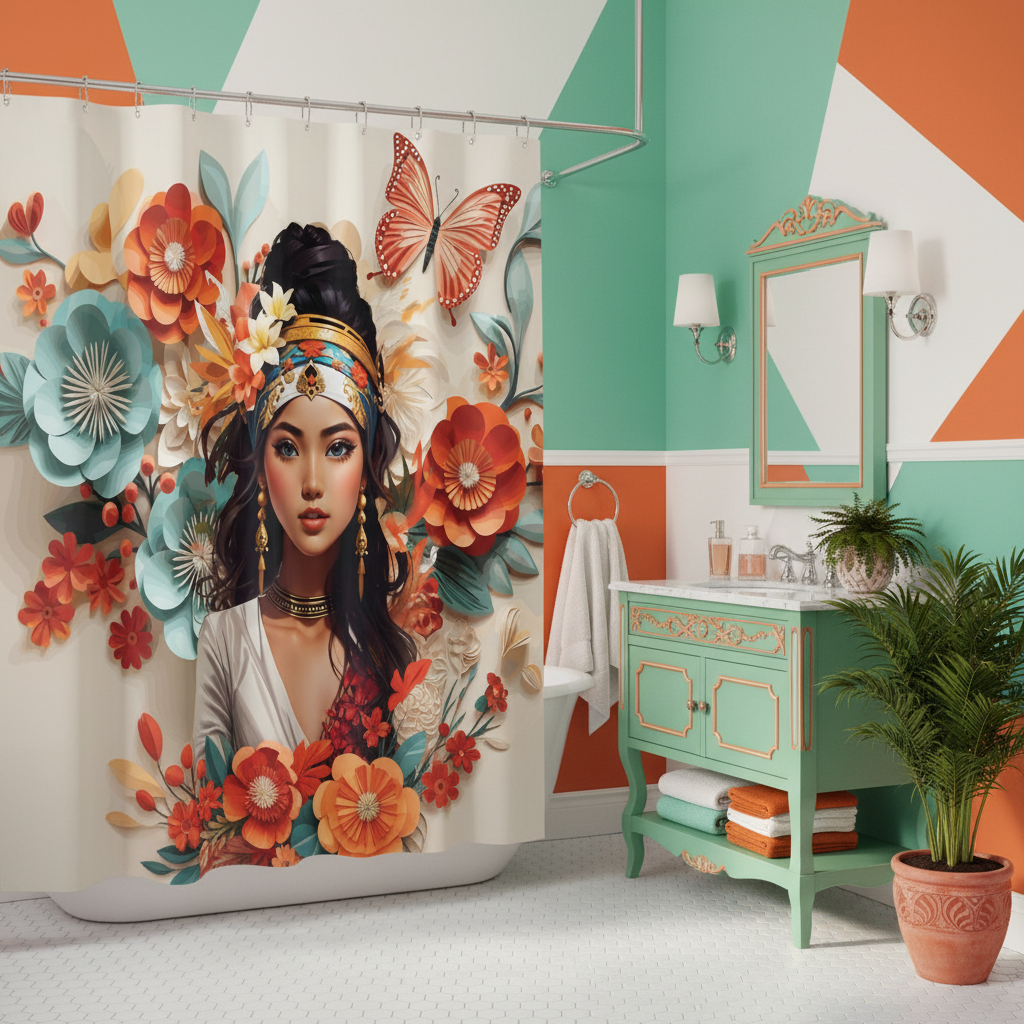 Copycat-Creations Floral Balinese Goddess 4pcs Shower Curtain Set