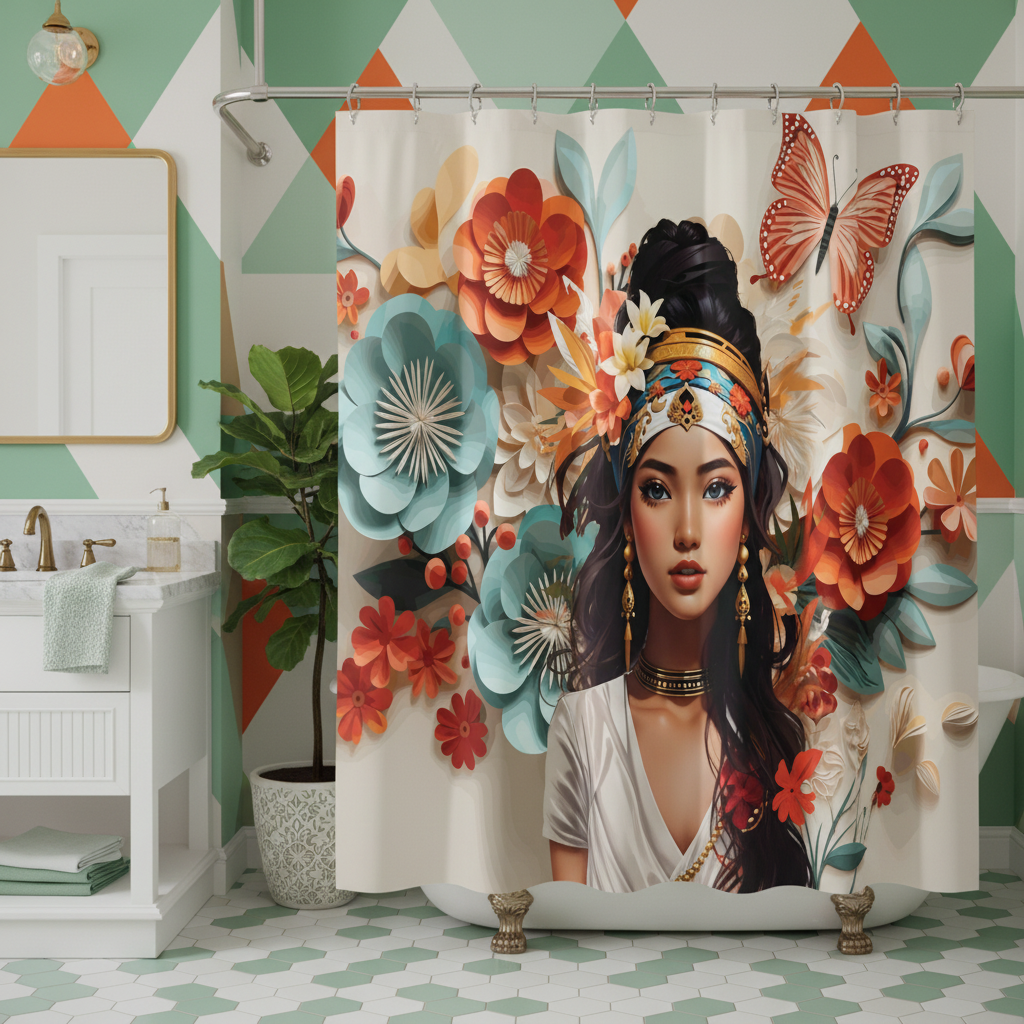 Copycat-Creations Floral Balinese Goddess 4pcs Shower Curtain Set