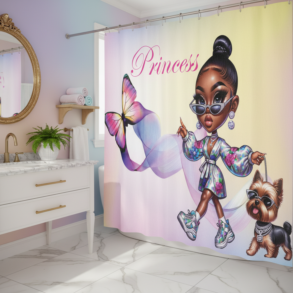 Copycat-Creations Butterfly Princess, and Bougie Dog 2pcs Shower Curtain Set