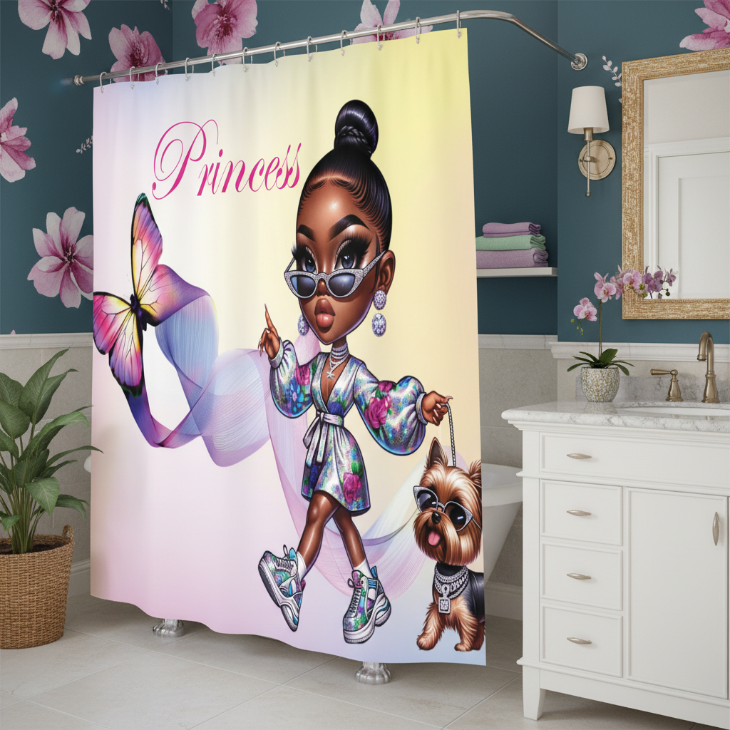 Copycat-Creations Butterfly Princess, and Bougie Dog 2pcs Shower Curtain Set