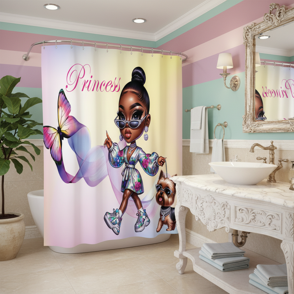 Copycat-Creations Butterfly Princess, and Bougie Dog 2pcs Shower Curtain Set