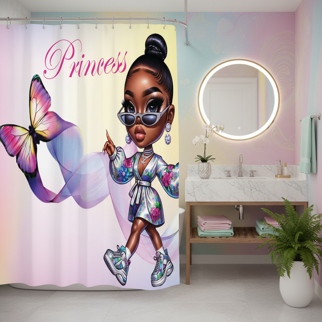 Copycat-Creations Butterfly Princess, and Bougie Dog 2pcs Shower Curtain Set