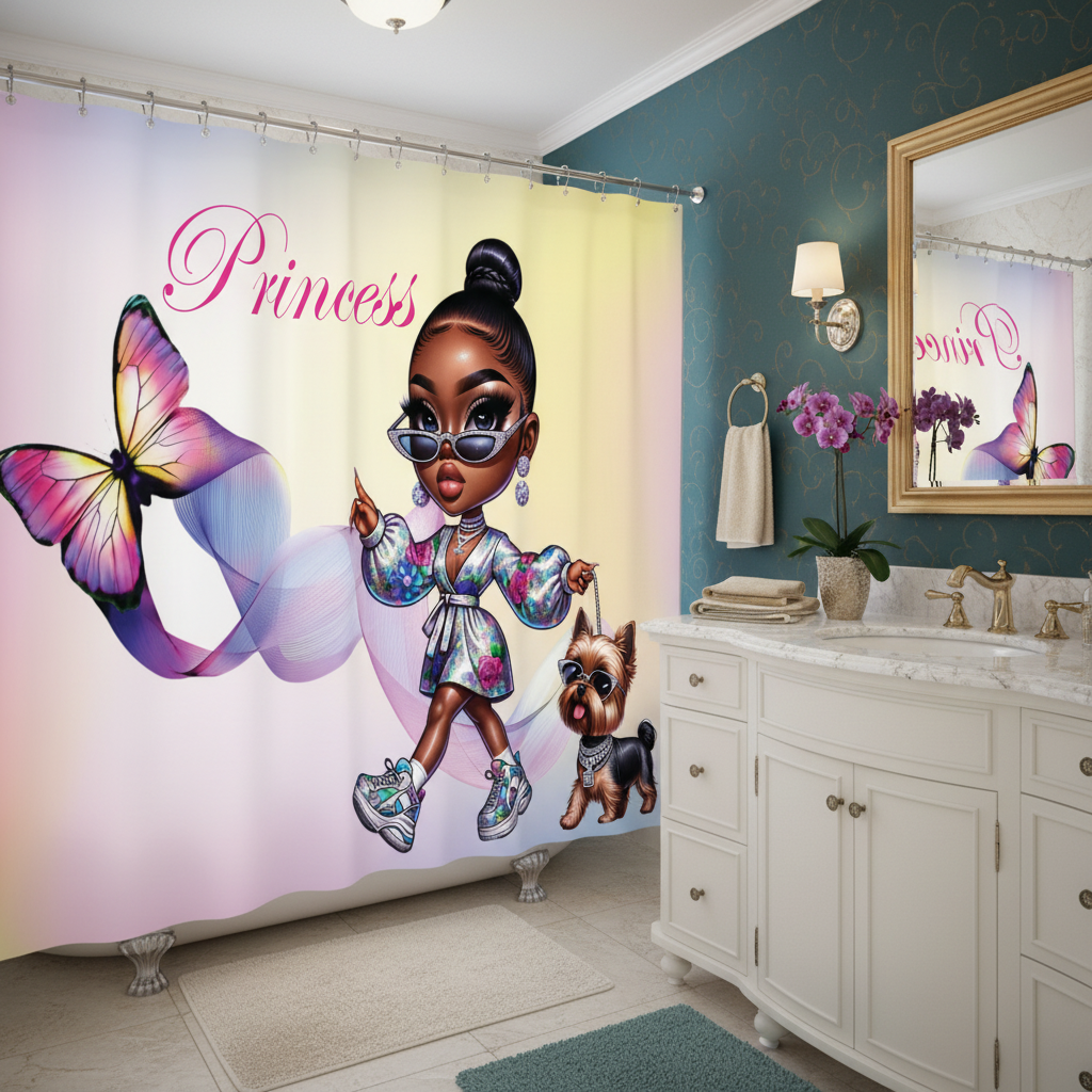 Copycat-Creations Butterfly Princess, and Bougie Dog 2pcs Shower Curtain Set
