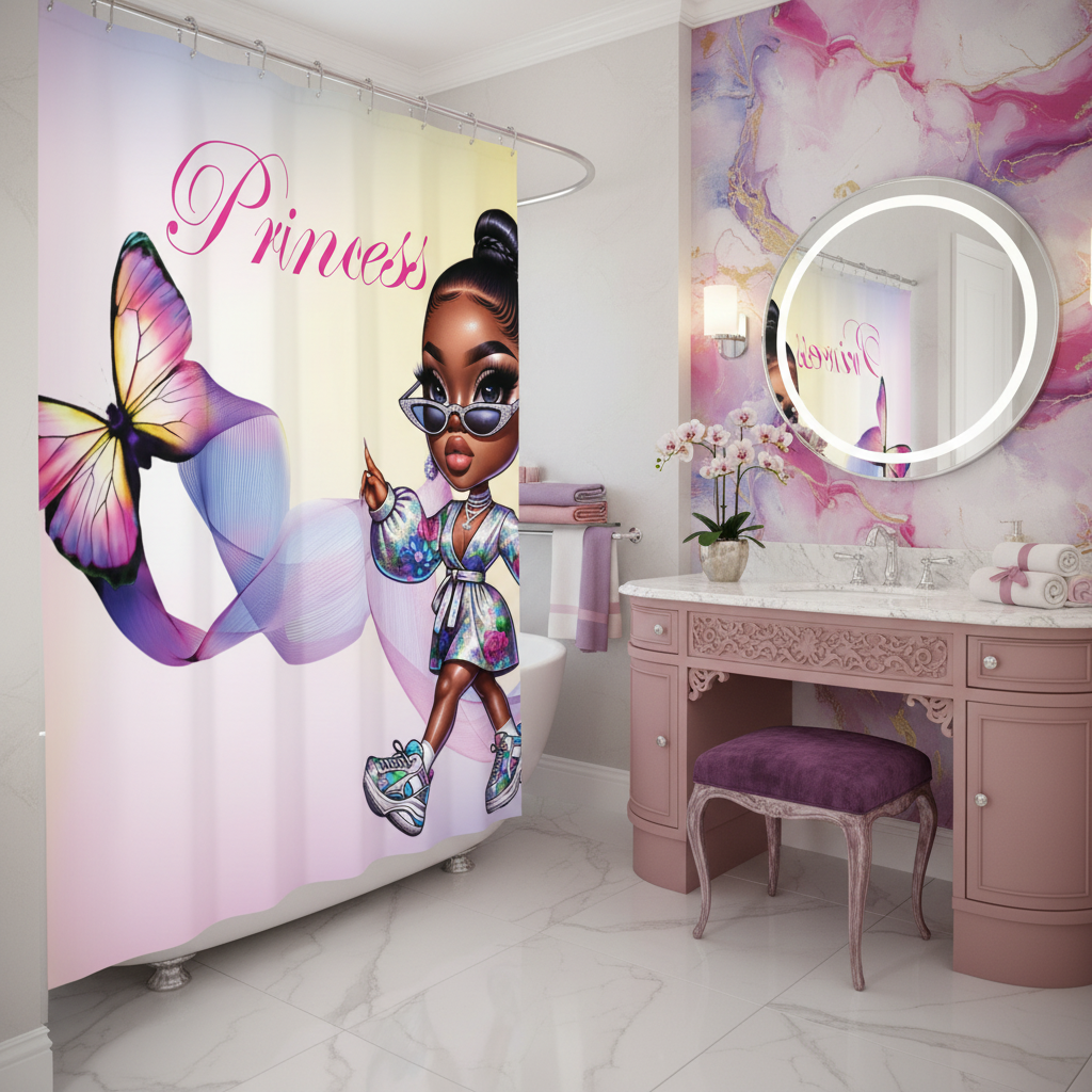Copycat-Creations Butterfly Princess, and Bougie Dog 2pcs Shower Curtain Set