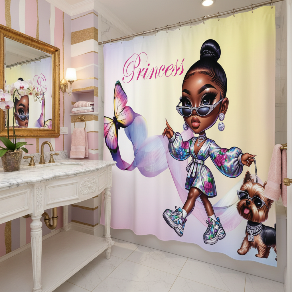 Copycat-Creations Butterfly Princess, and Bougie Dog 2pcs Shower Curtain Set