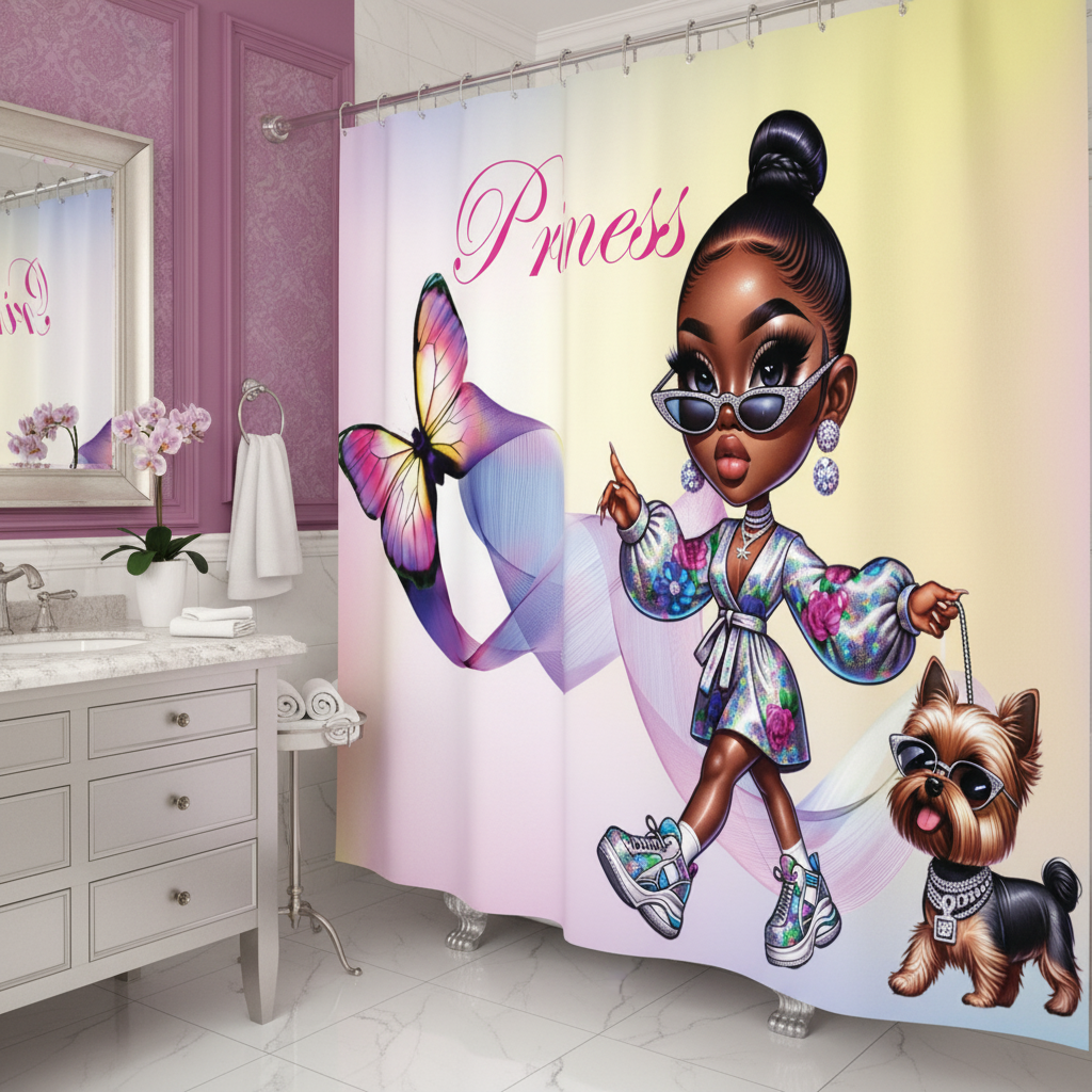 Copycat-Creations Butterfly Princess, and Bougie Dog 2pcs Shower Curtain Set
