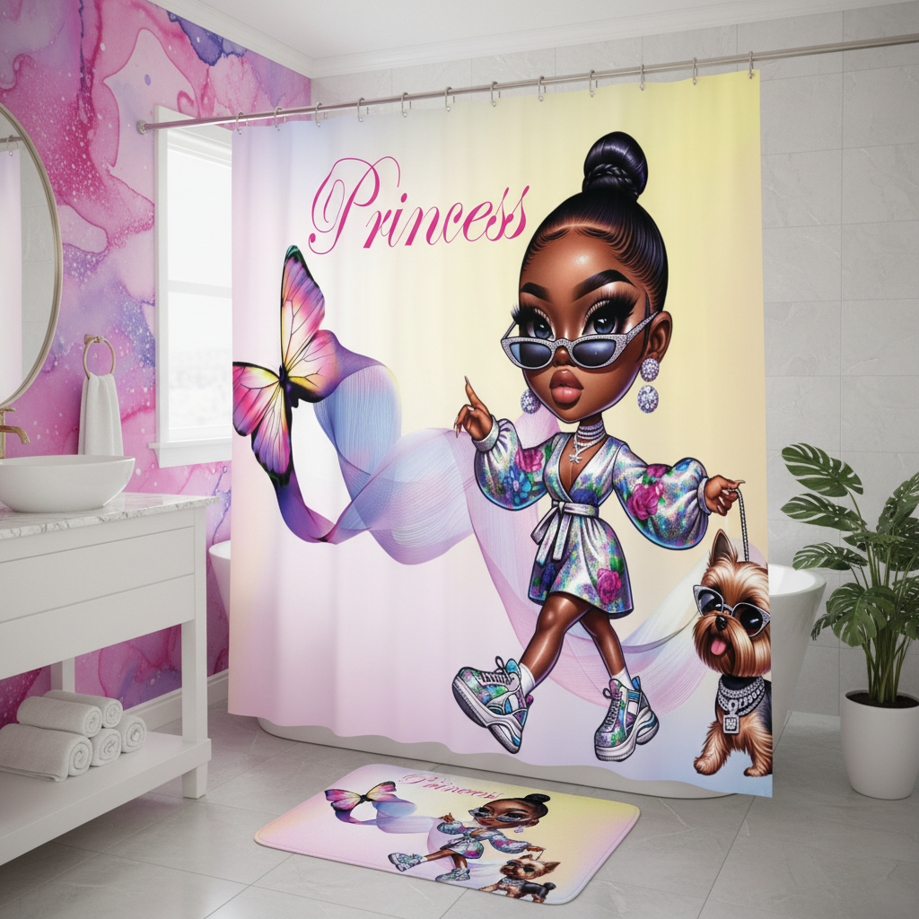 Copycat-Creations Butterfly Princess, and Bougie Dog 2pcs Shower Curtain Set