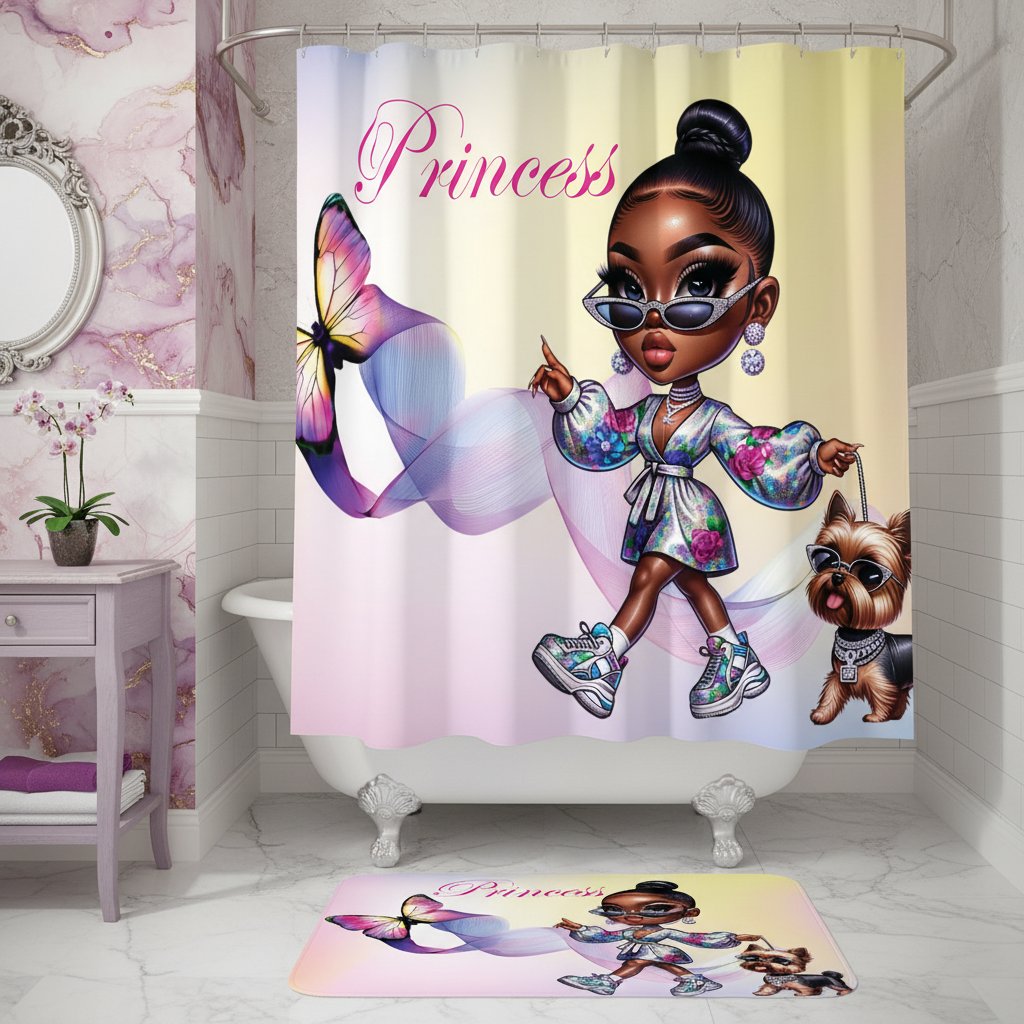Copycat-Creations Butterfly Princess, and Bougie Dog 2pcs Shower Curtain Set
