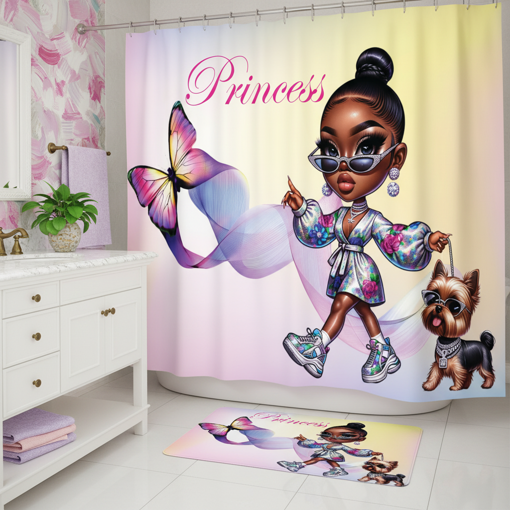 Copycat-Creations Butterfly Princess, and Bougie Dog 2pcs Shower Curtain Set