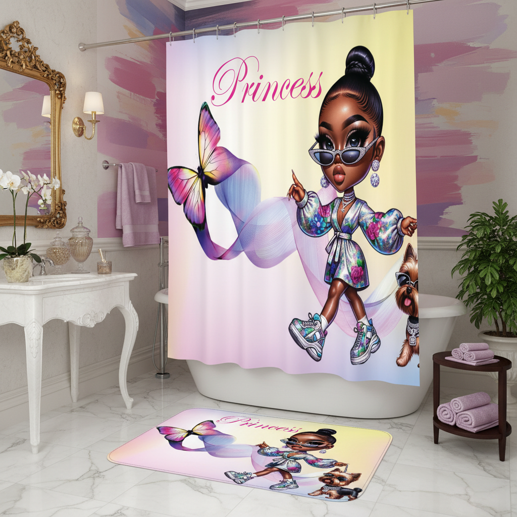 Copycat-Creations Butterfly Princess, and Bougie Dog 2pcs Shower Curtain Set