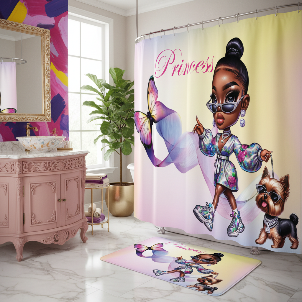 Copycat-Creations Butterfly Princess, and Bougie Dog 2pcs Shower Curtain Set