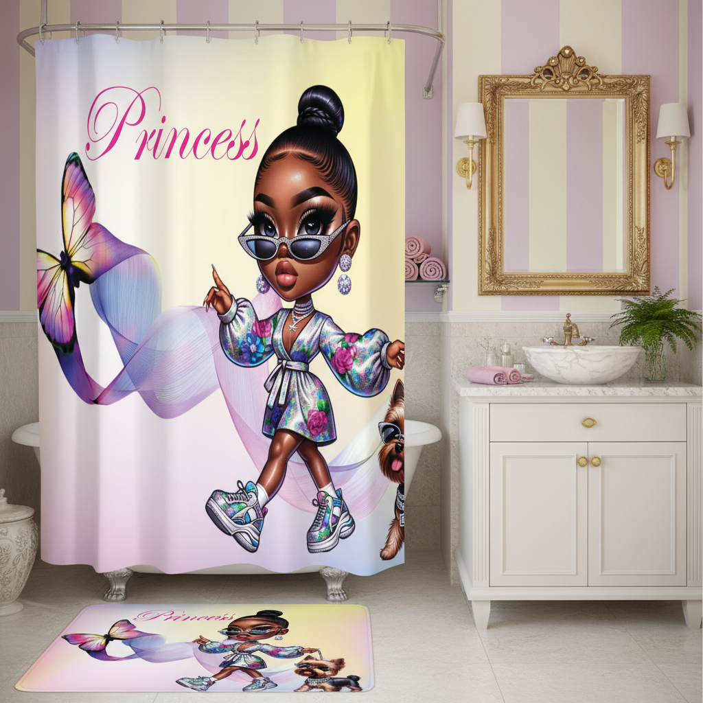 Copycat-Creations Butterfly Princess, and Bougie Dog 2pcs Shower Curtain Set