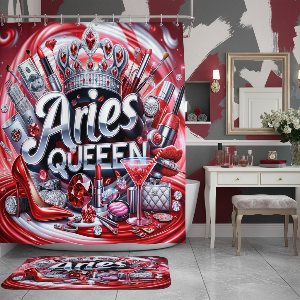 Copycat-Creations Red Aries Zodiac Queen 2pcs Shower Curtain Set