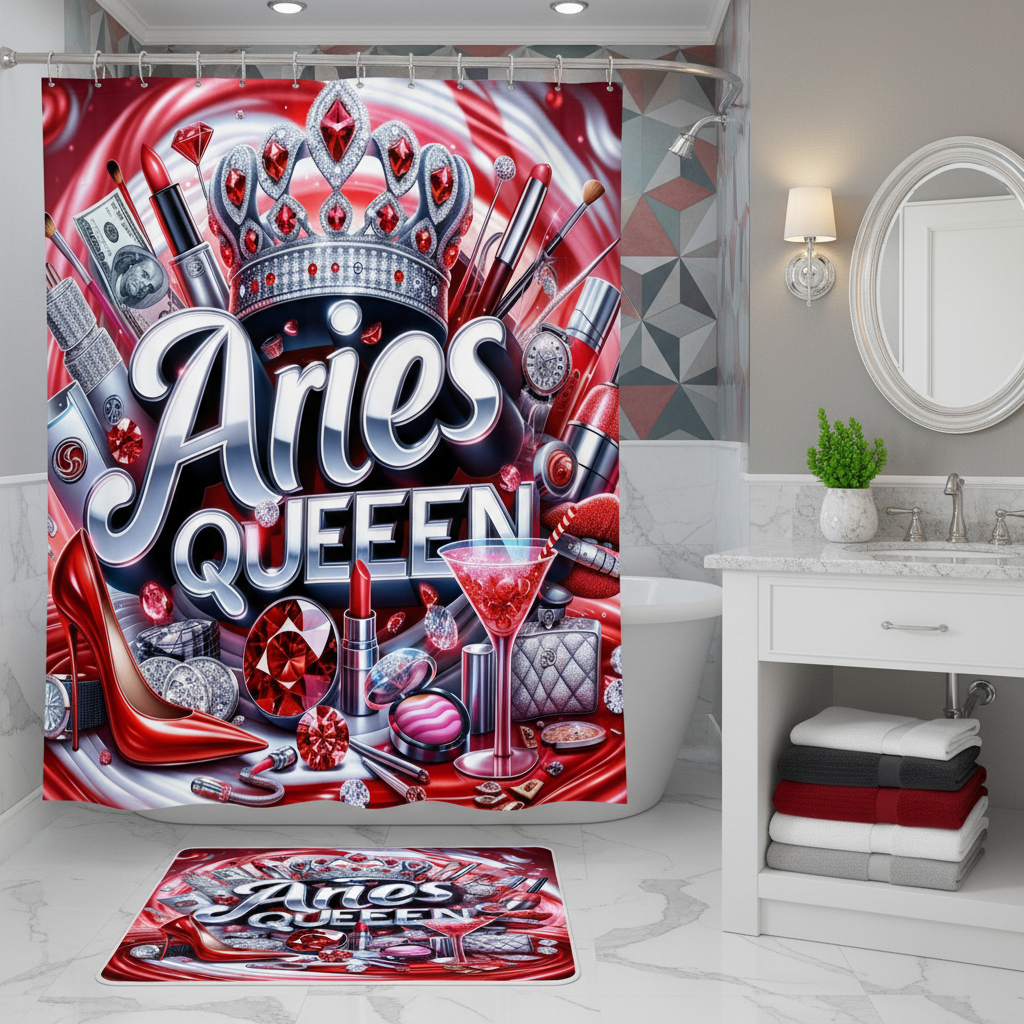 Copycat-Creations Red Aries Zodiac Queen 2pcs Shower Curtain Set
