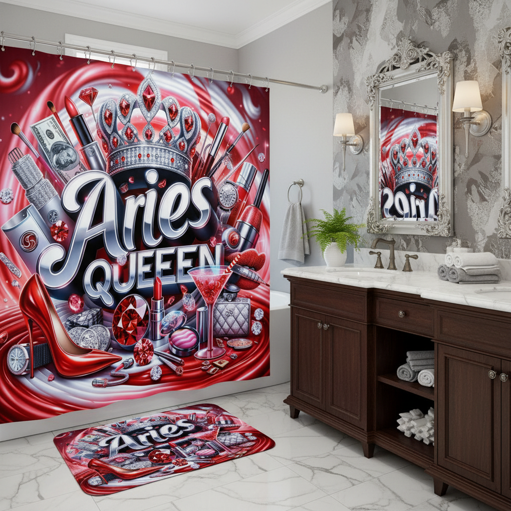 Copycat-Creations Red Aries Zodiac Queen 2pcs Shower Curtain Set