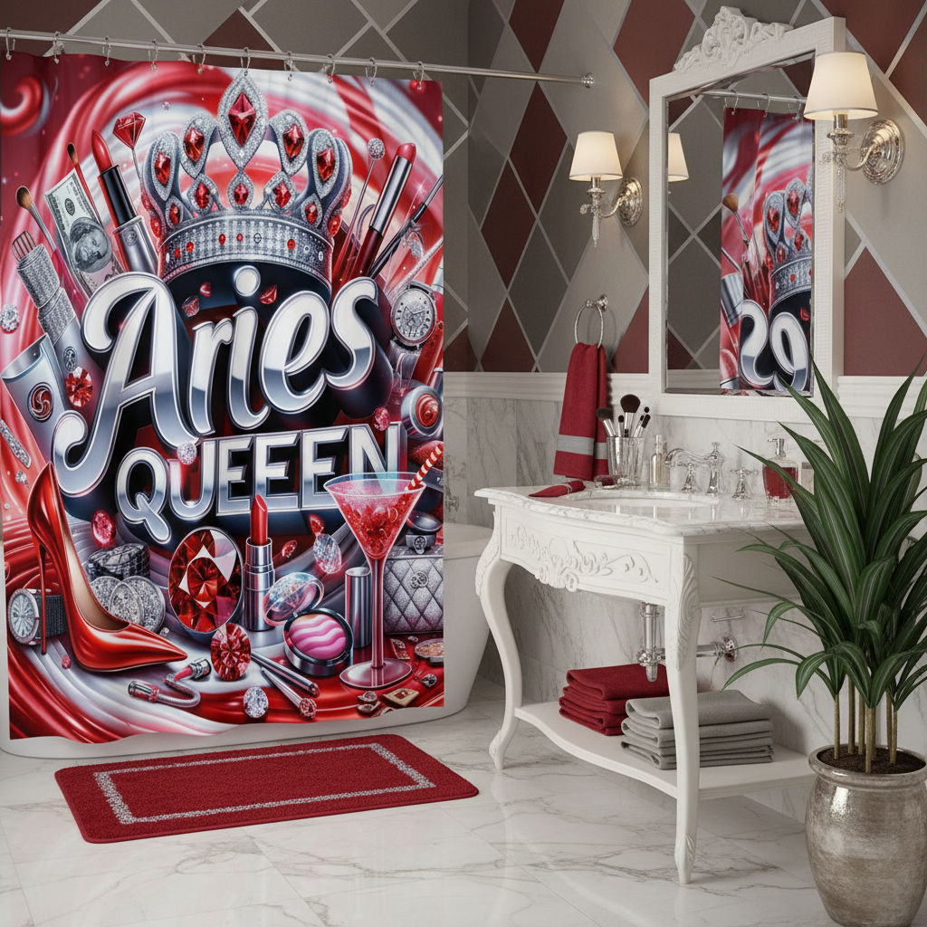 Copycat-Creations Red Aries Zodiac Queen 2pcs Shower Curtain Set