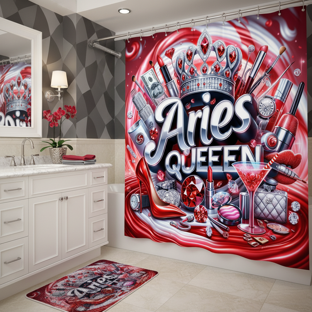 Copycat-Creations Red Aries Zodiac Queen 2pcs Shower Curtain Set