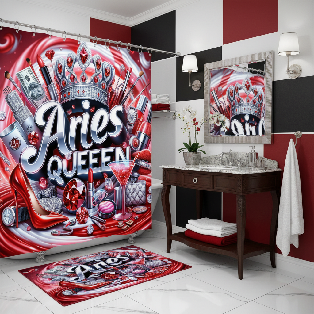 Copycat-Creations Red Aries Zodiac Queen 2pcs Shower Curtain Set