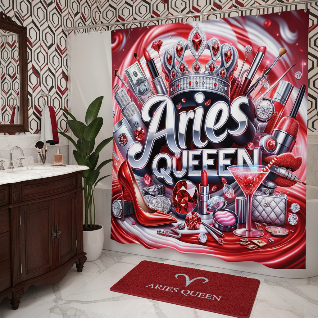 Copycat-Creations Red Aries Zodiac Queen 2pcs Shower Curtain Set