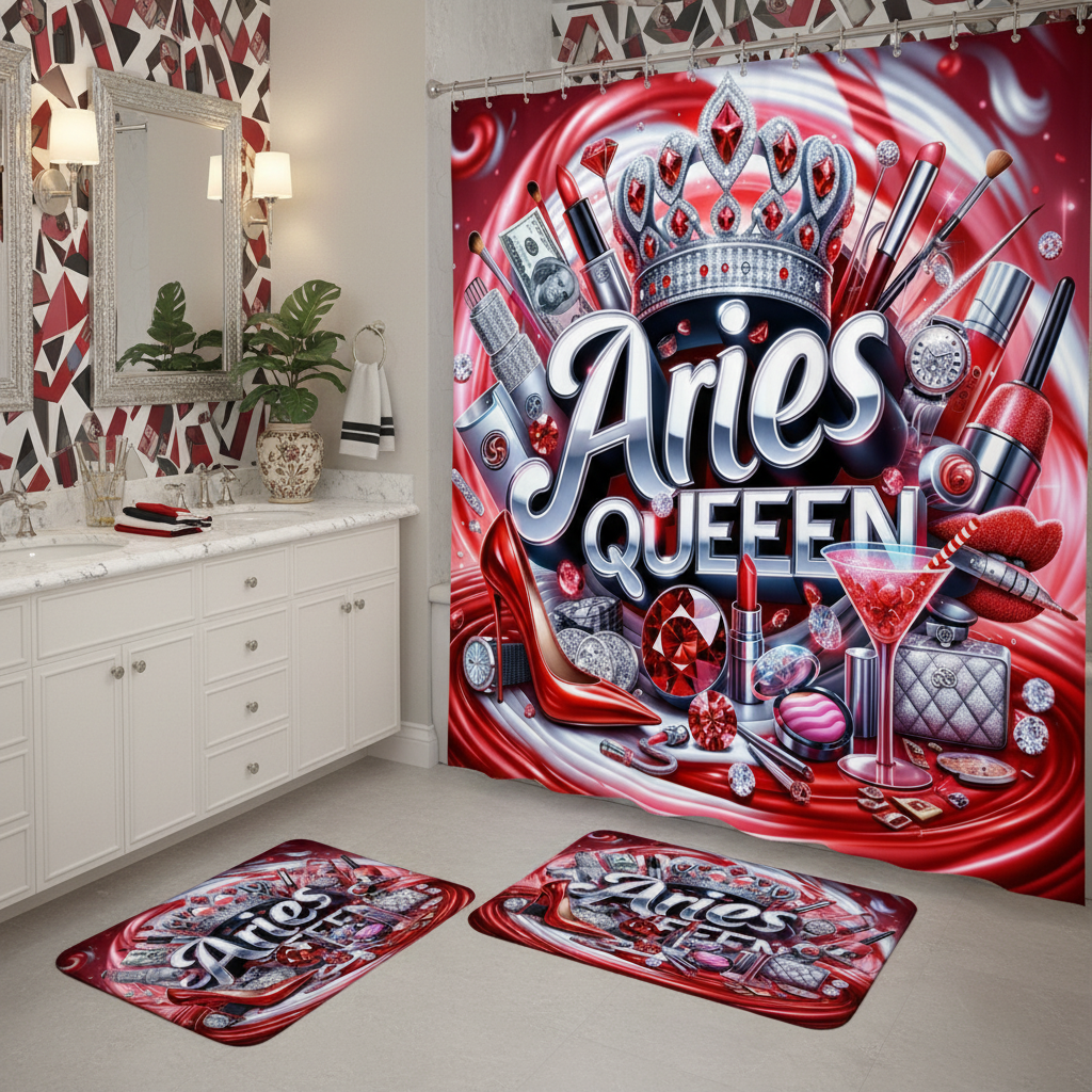 Copycat-Creations Red Aries Zodiac Queen 2pcs Shower Curtain Set