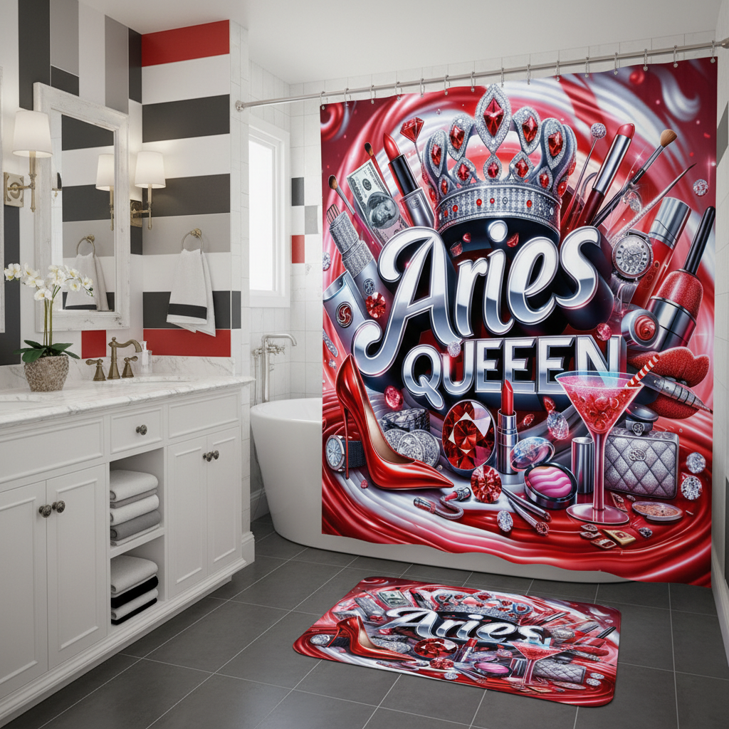 Copycat-Creations Red Aries Zodiac Queen 2pcs Shower Curtain Set