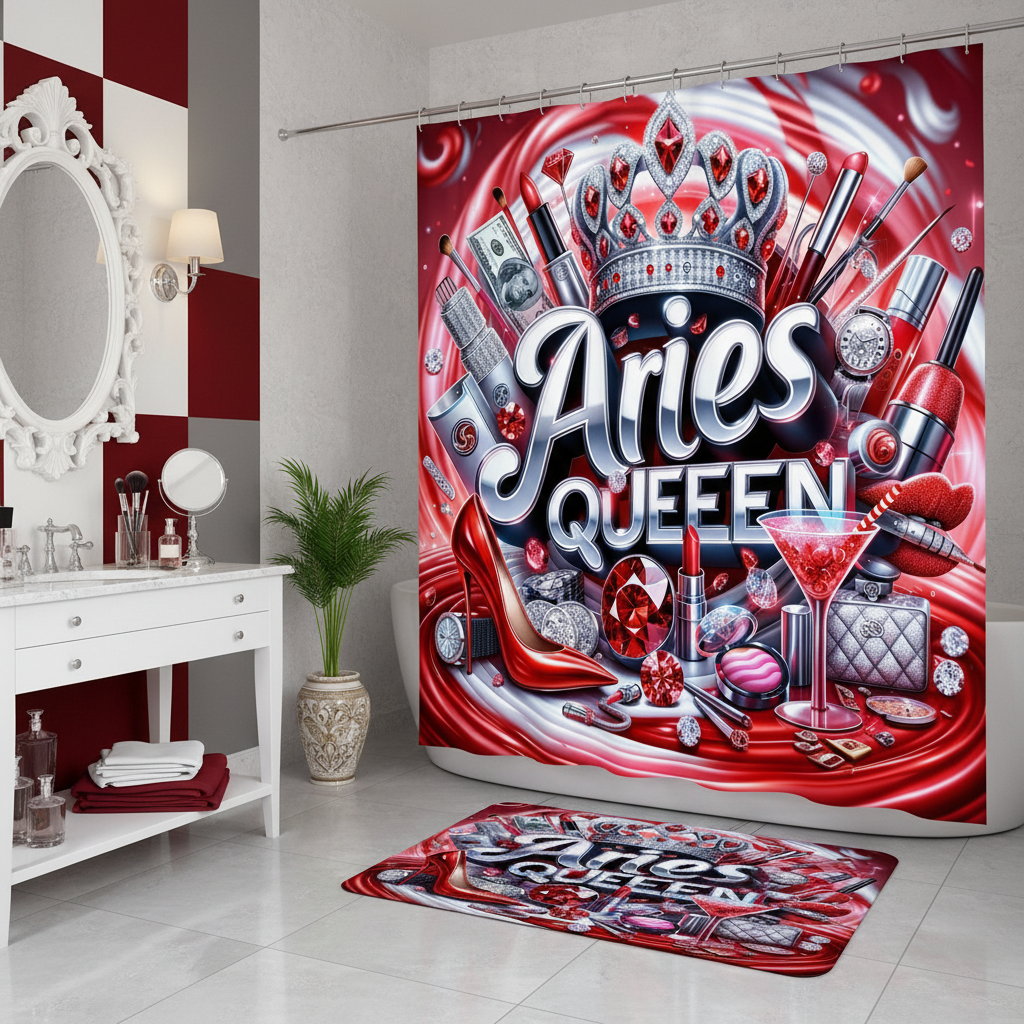 Copycat-Creations Red Aries Zodiac Queen 2pcs Shower Curtain Set