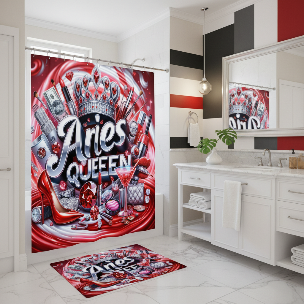 Copycat-Creations Red Aries Zodiac Queen 2pcs Shower Curtain Set