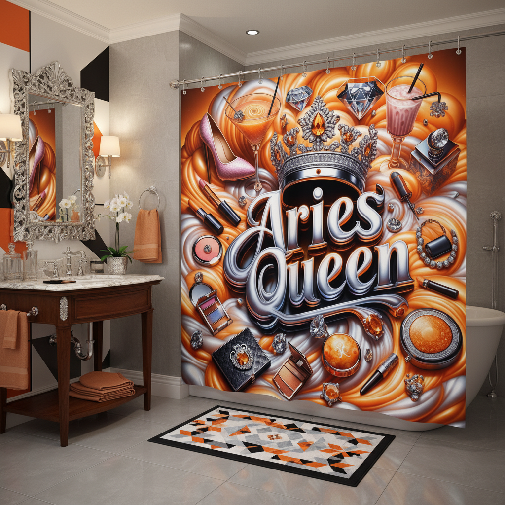 Copycat-Creations Orange Aries Zodiac Queen 2pcs Shower Curtain Set