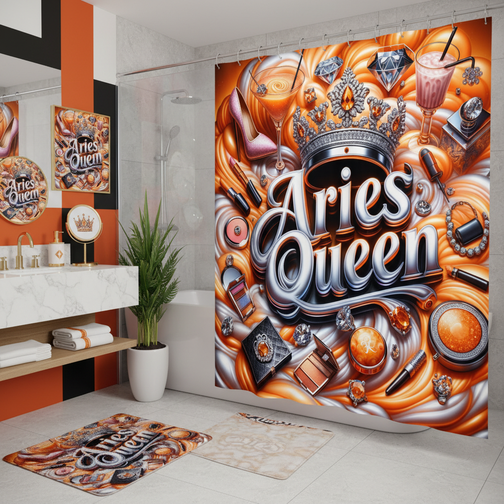 Copycat-Creations Orange Aries Zodiac Queen 2pcs Shower Curtain Set