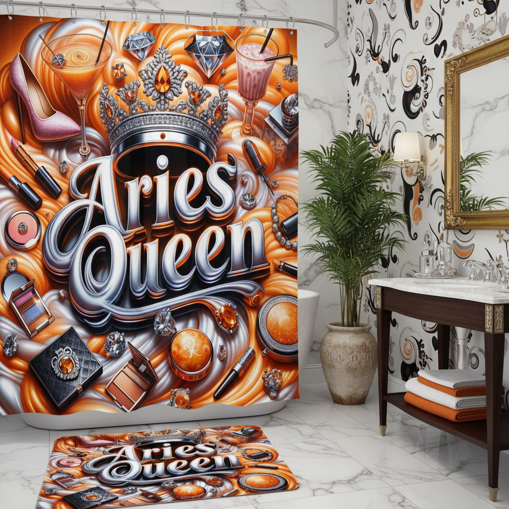 Copycat-Creations Orange Aries Zodiac Queen 2pcs Shower Curtain Set