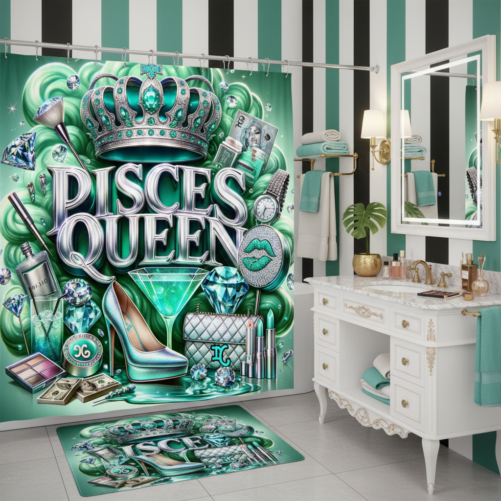 Copycat-Creations Green Pisces Zodiac Queen 2pcs Shower Curtain Set