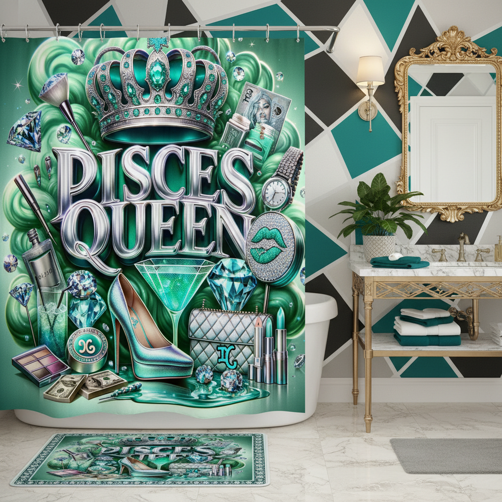 Copycat-Creations Green Pisces Zodiac Queen 2pcs Shower Curtain Set