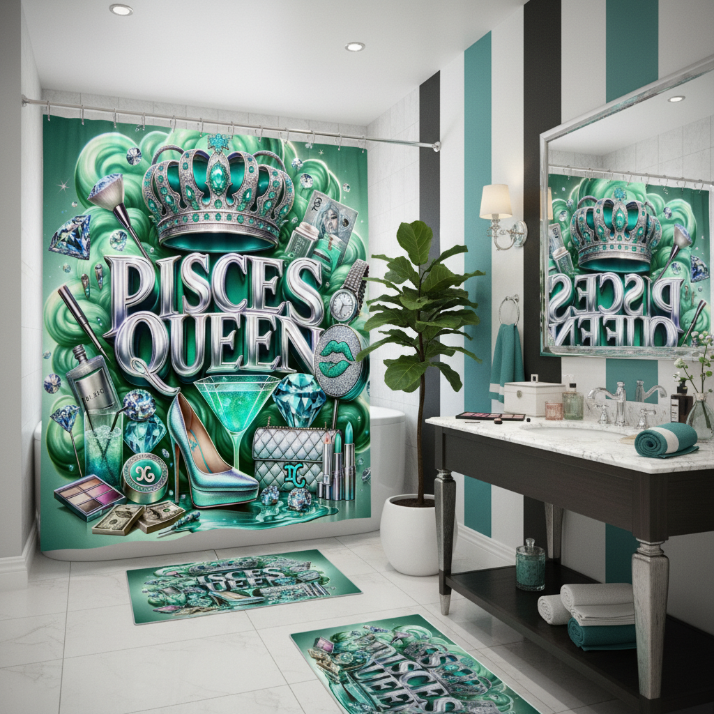 Copycat-Creations Green Pisces Zodiac Queen 2pcs Shower Curtain Set