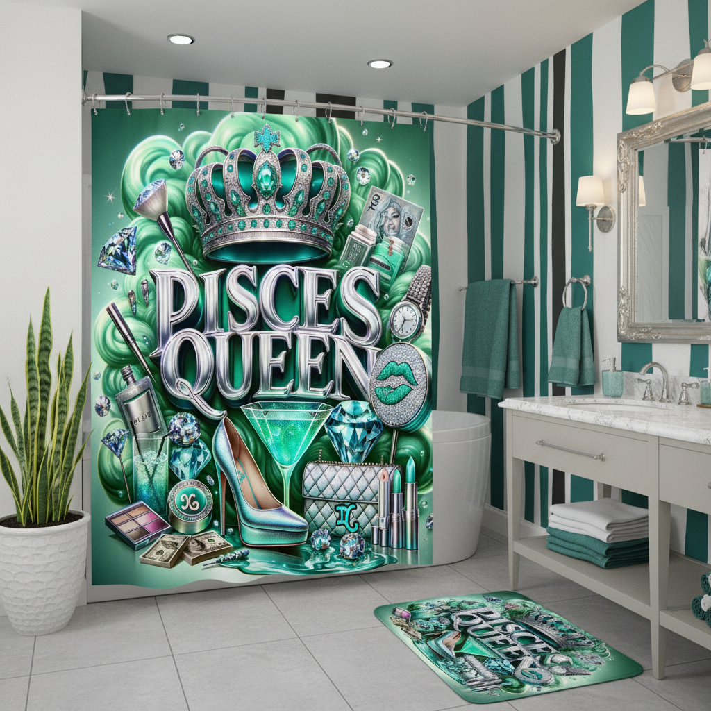 Copycat-Creations Green Pisces Zodiac Queen 2pcs Shower Curtain Set