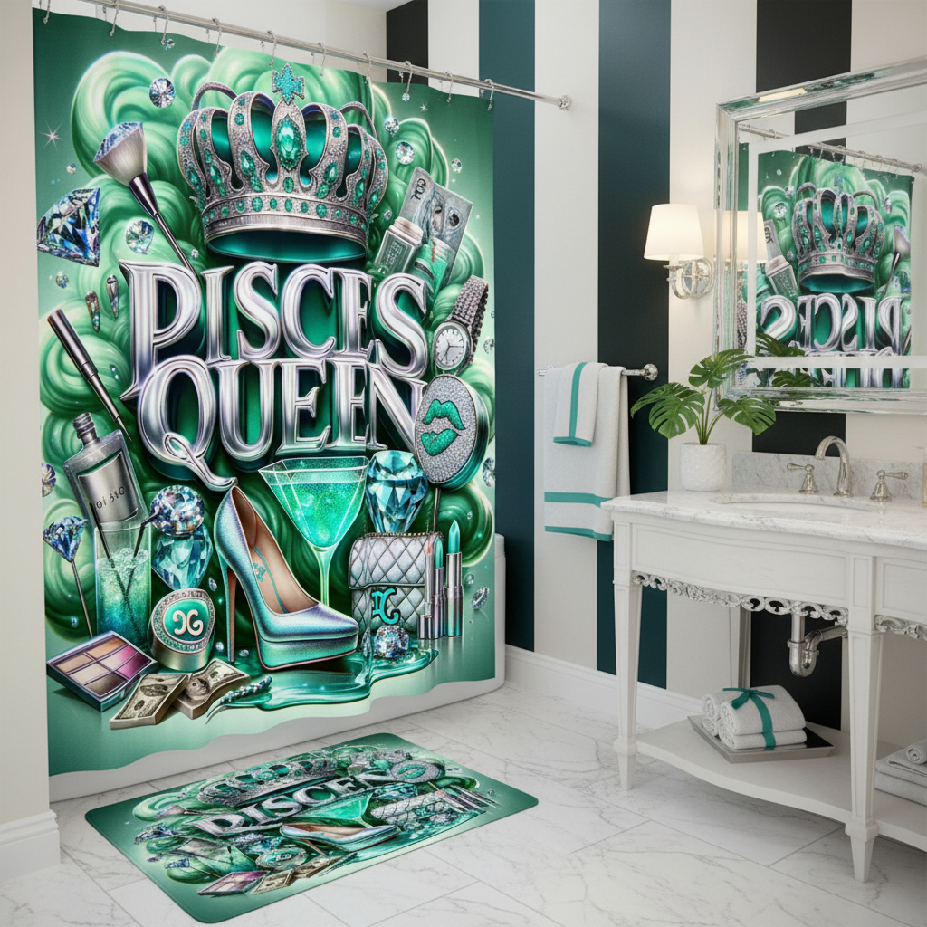 Copycat-Creations Green Pisces Zodiac Queen 2pcs Shower Curtain Set