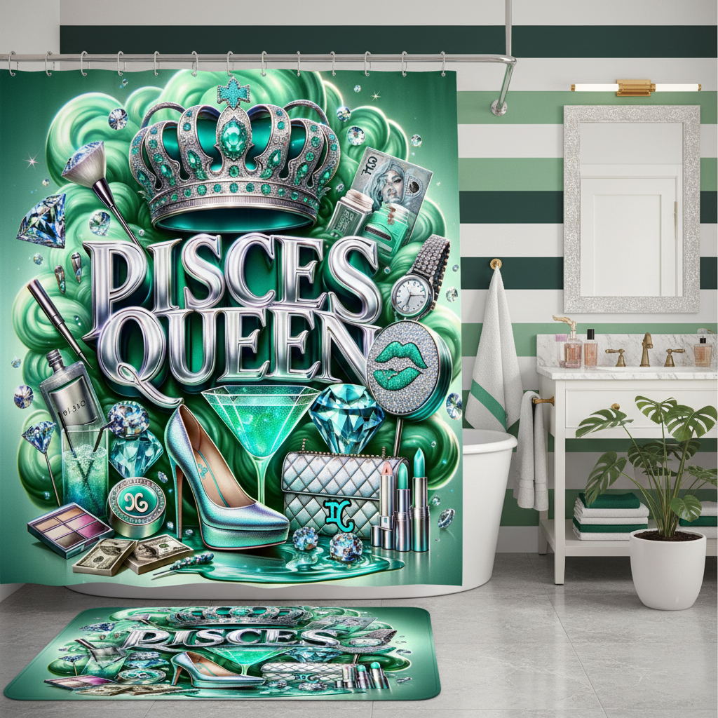 Copycat-Creations Green Pisces Zodiac Queen 2pcs Shower Curtain Set