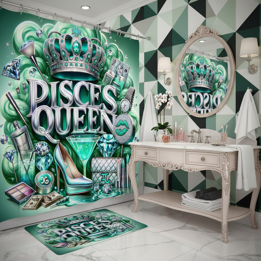 Copycat-Creations Green Pisces Zodiac Queen 2pcs Shower Curtain Set