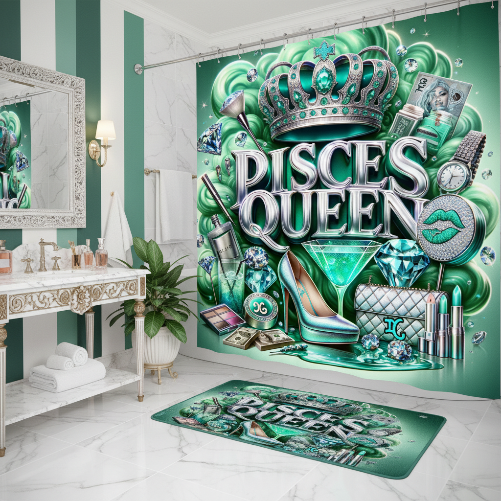 Copycat-Creations Green Pisces Zodiac Queen 2pcs Shower Curtain Set