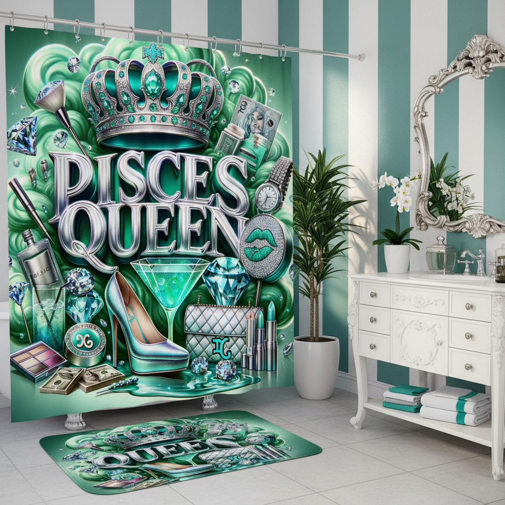 Copycat-Creations Green Pisces Zodiac Queen 2pcs Shower Curtain Set