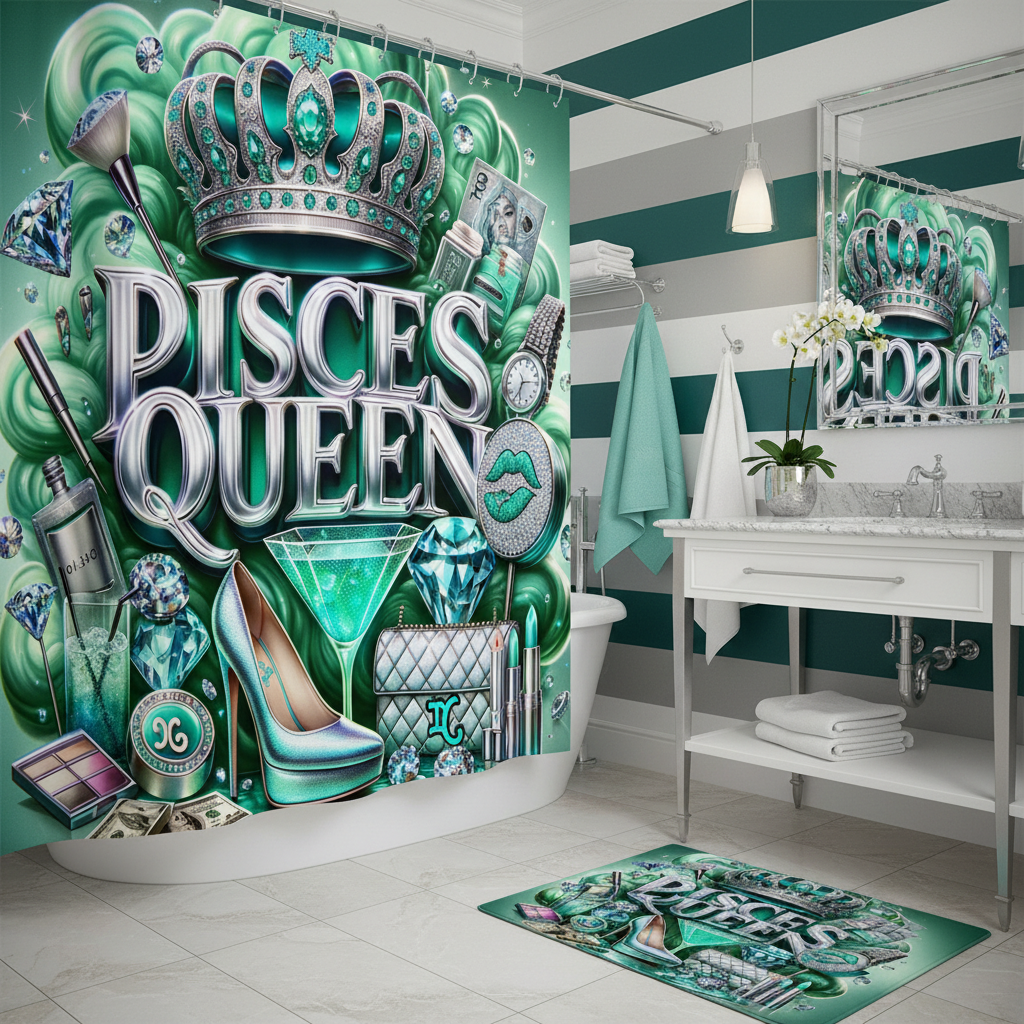 Copycat-Creations Green Pisces Zodiac Queen 2pcs Shower Curtain Set