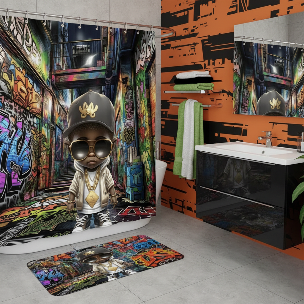 Copycat-Creations Graffiti Hip-Hop Prince 2pcs Shower Curtain Set