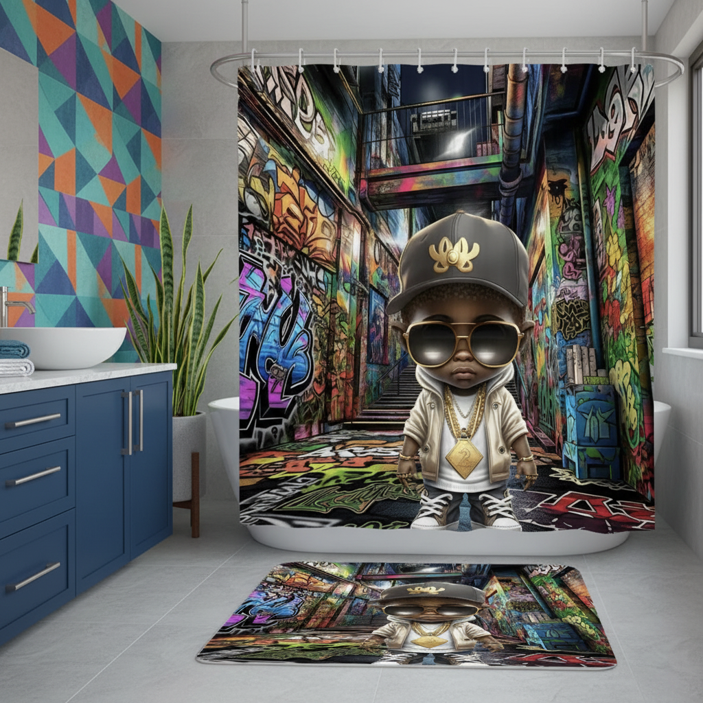 Copycat-Creations Graffiti Hip-Hop Prince 2pcs Shower Curtain Set