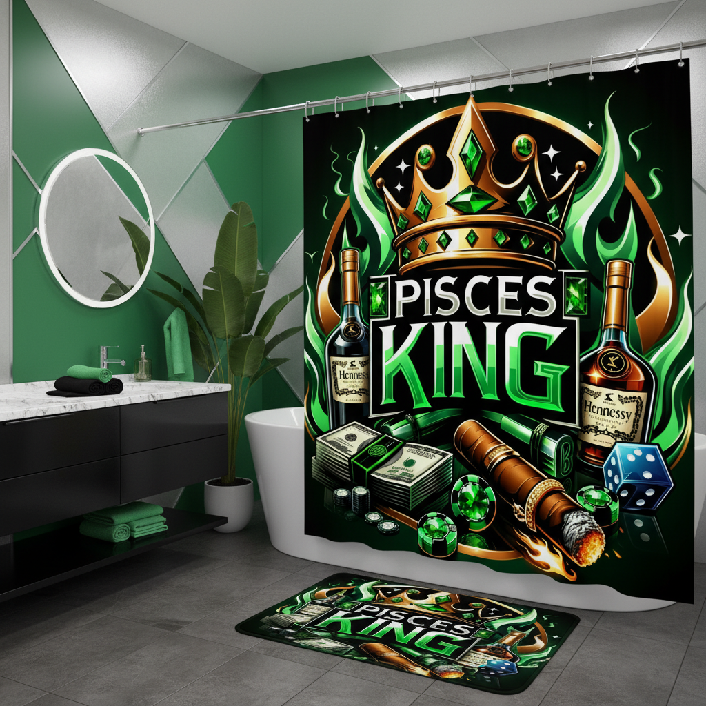 Copycat-Creations Green Pisces Zodiac King 2pcs Shower Curtain Set