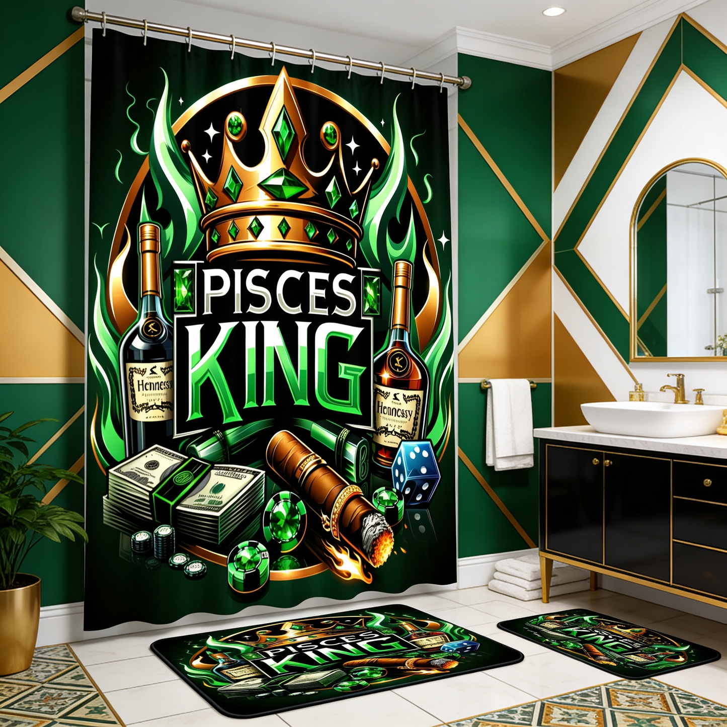 Copycat-Creations Green Pisces Zodiac King 2pcs Shower Curtain Set