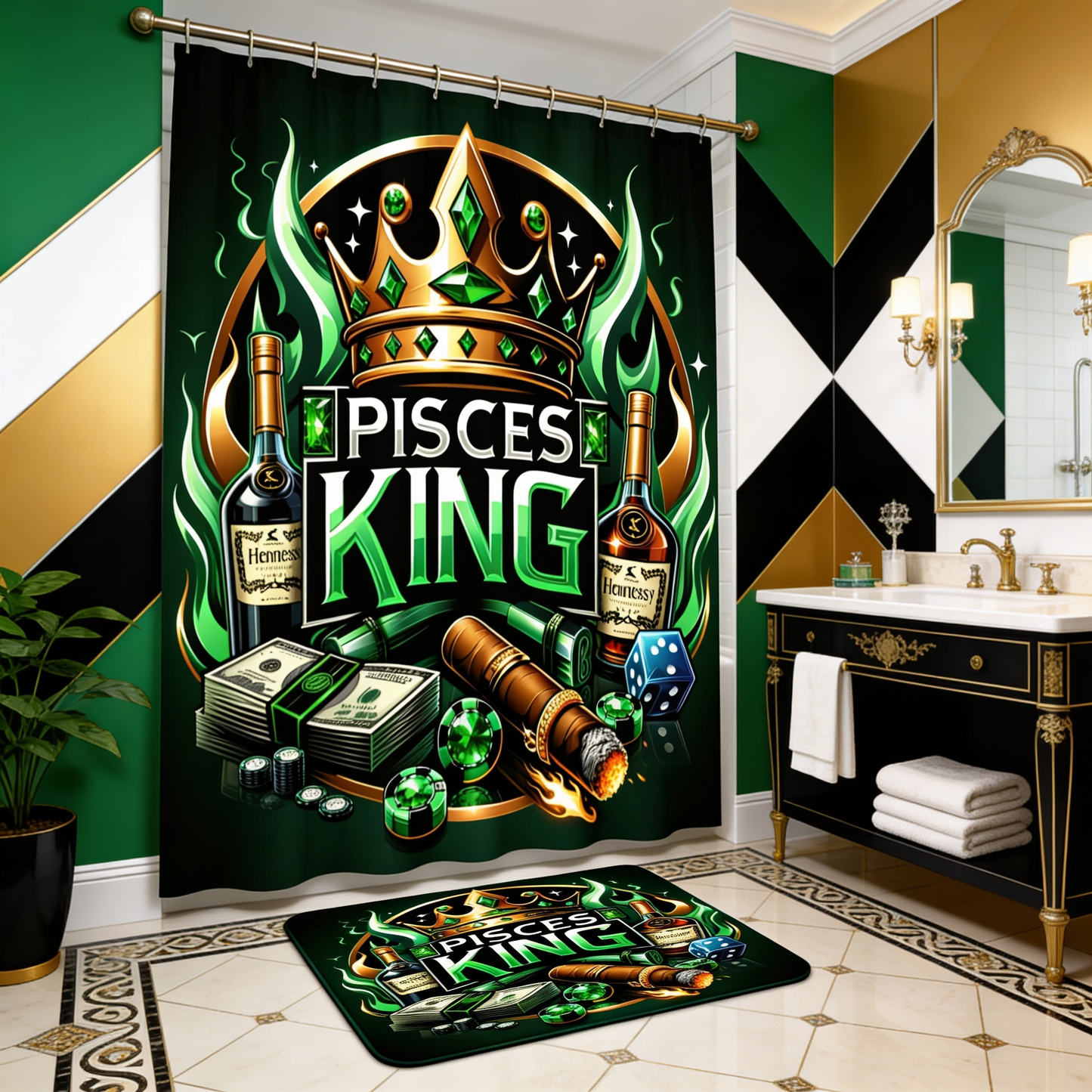 Copycat-Creations Green Pisces Zodiac King 2pcs Shower Curtain Set
