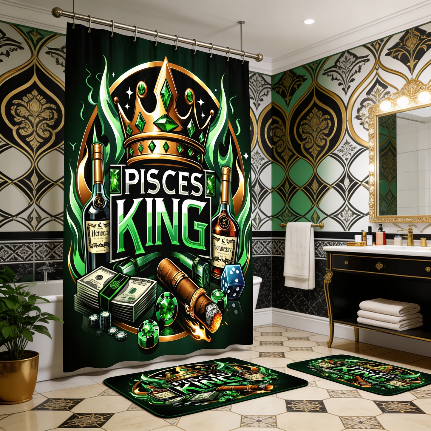 Copycat-Creations Green Pisces Zodiac King 2pcs Shower Curtain Set